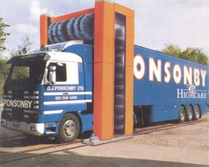 D.J. Ponsonby Ltd Scania Truck goes thru Truck Wash at Witton depot in Birmingahm during 1988
